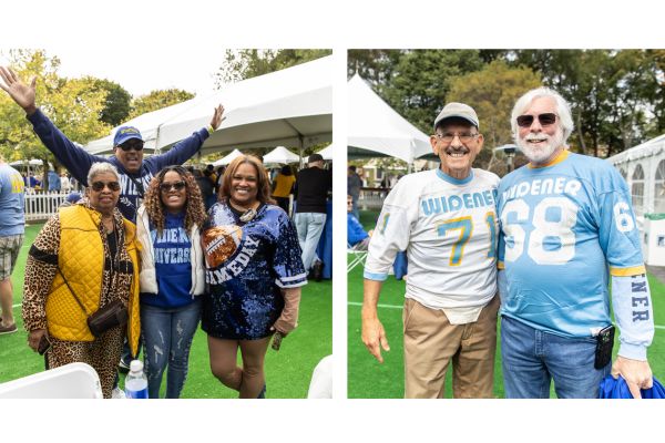 Two photos show guests enjoying the tailgate village.