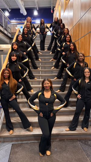 Lionettes dance team wearing black and gold jumpsuits and standing on the steps posing for a photo