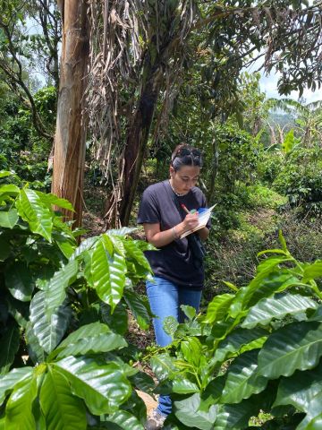Jenna Waldron stands among lush green plants and writes in a notebook