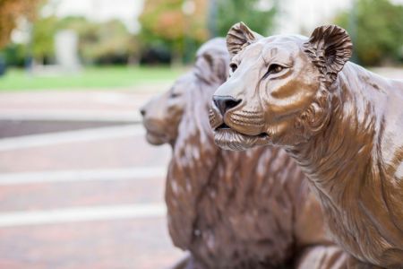 Close up of Pride statue on campus