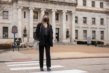Pre-law student Samantha Peisino pictured in front of the Delaware County District Attorney’s Office.