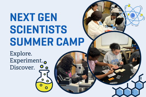 Widener Next Gen Scientists Summer Camp Explore. Experiment. Discover. flyer with images of students working in labs with microscope and equipment and icons of beakers, cells, and more