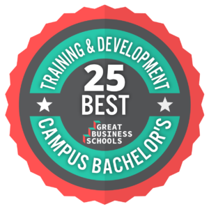 Circular badge reads 25 best training & development campus bachelor's by Great Business Schools